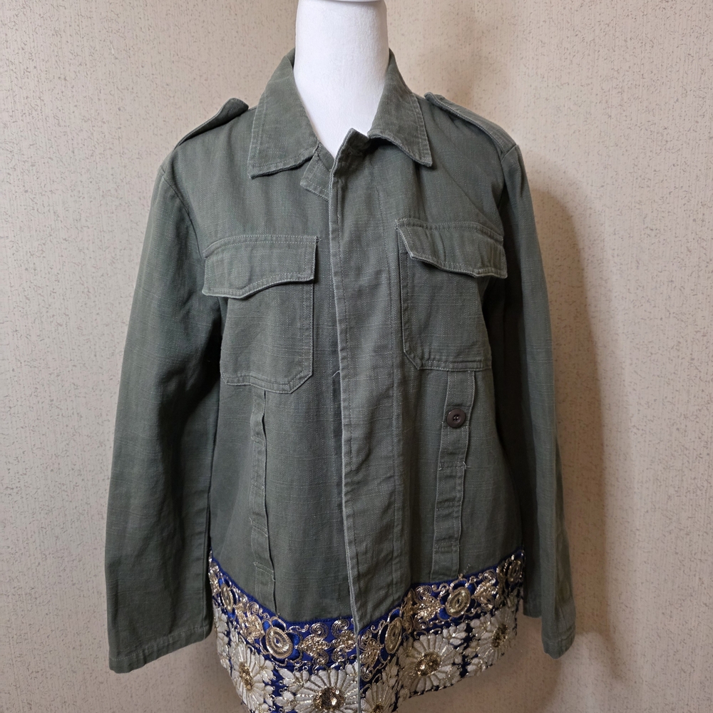 Hummingbird Olive Green Military Utility Jacket with Embroidered Hem SZ:MED